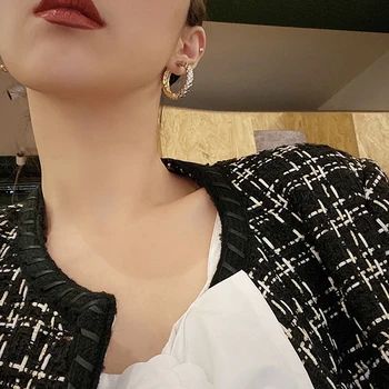 

AENSOA French Chic Rectangle Round Shaped Hoop Earrings Women Chunky Gold Silver Color Stitching Hoops Geometric Metal Earrings