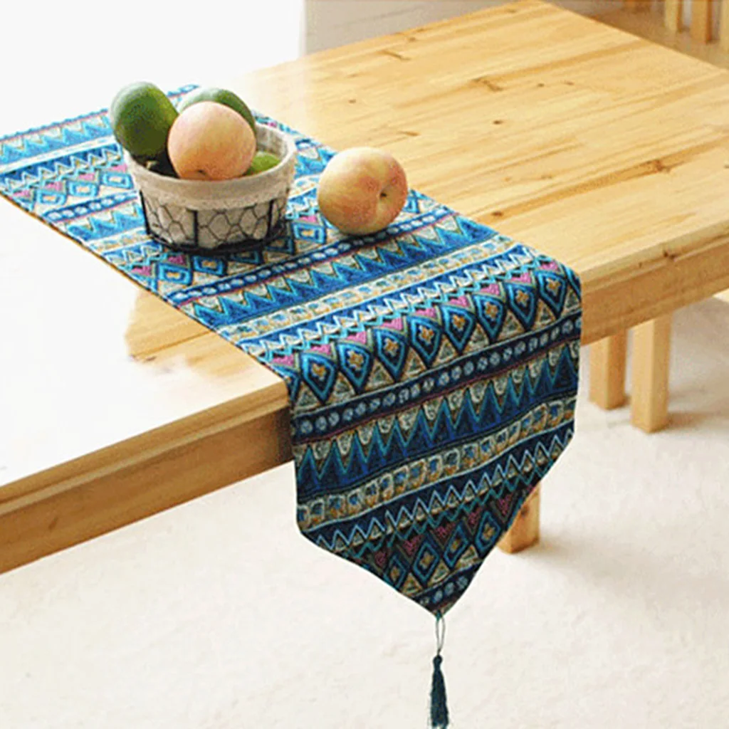 Southeast Asia Style Mixed Geometric Stripes Table Runner Flag Bohemian Cotton Washable Tablecloth with Tassels Dresser Scarf