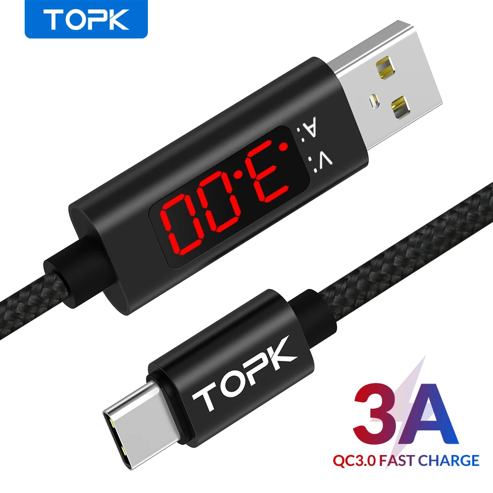 USB кабель TOPK Type C для быстрой зарядки с отображением напряжения и тока передачи