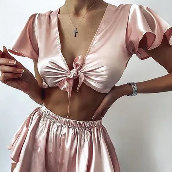 

Women Pink Night Set Fashion Comfortable Sleepwear Satin Silk Pajama Two Piece V Neck Top and Shorts Clothing Sleepwear Soft