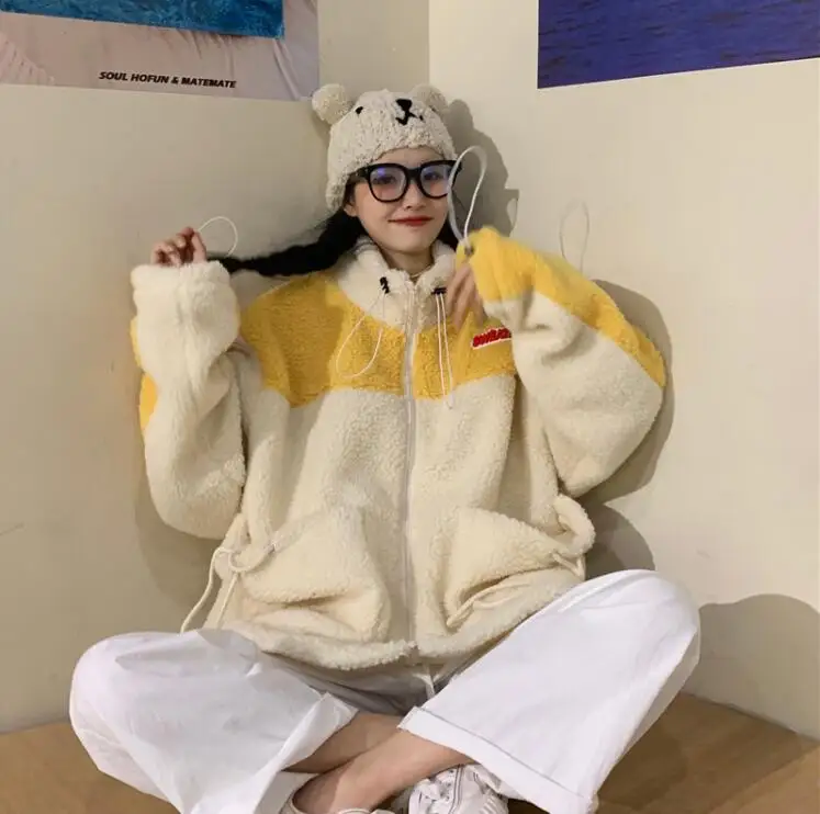 Осень и зима корейский стиль Harajuku лоскутное повседневное свободное bf молния ягненка меховое пальто для женщин - Цвет: Цвет: желтый
