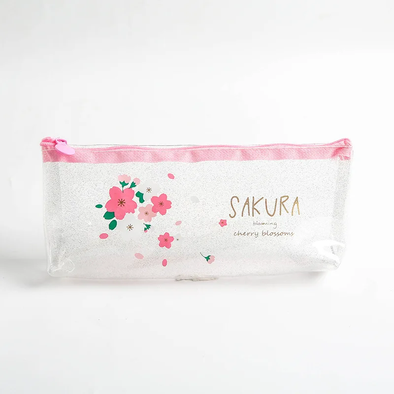 Прозрачный чехол-карандаш Sakura, розовый простой милый чехол-карандаш, школьные принадлежности, канцелярские принадлежности, сумка для хранения, ПВХ детские карандашные чехлы