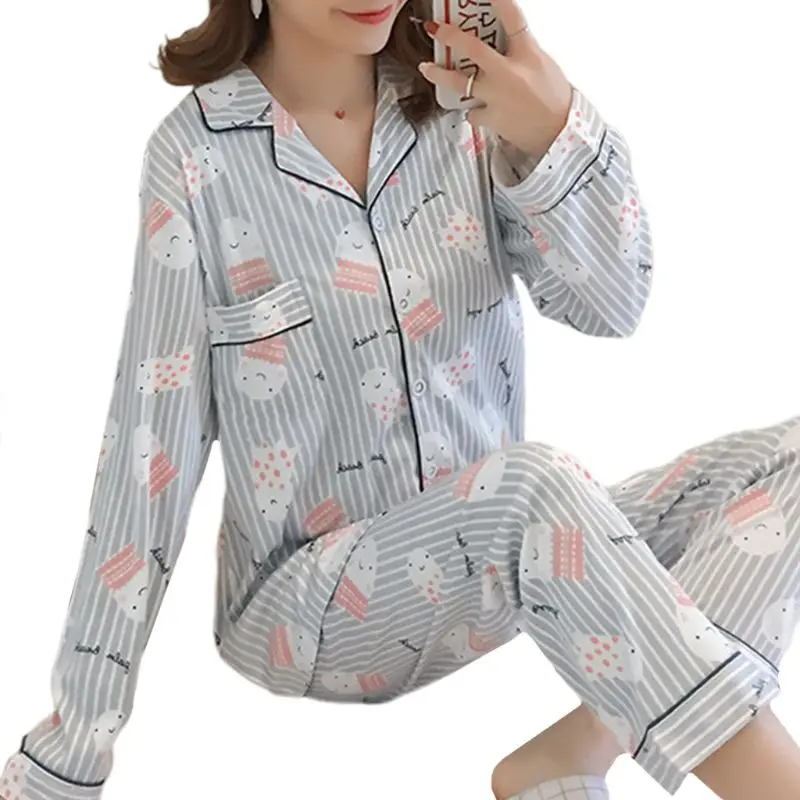 Женский пижамный комплект Kawaii С мультяшным принтом, пижама с длинным рукавом, на пуговицах, с круглым вырезом, свободные штаны, домашняя одежда, M-2XL, 19 видов стилей - Цвет: 15
