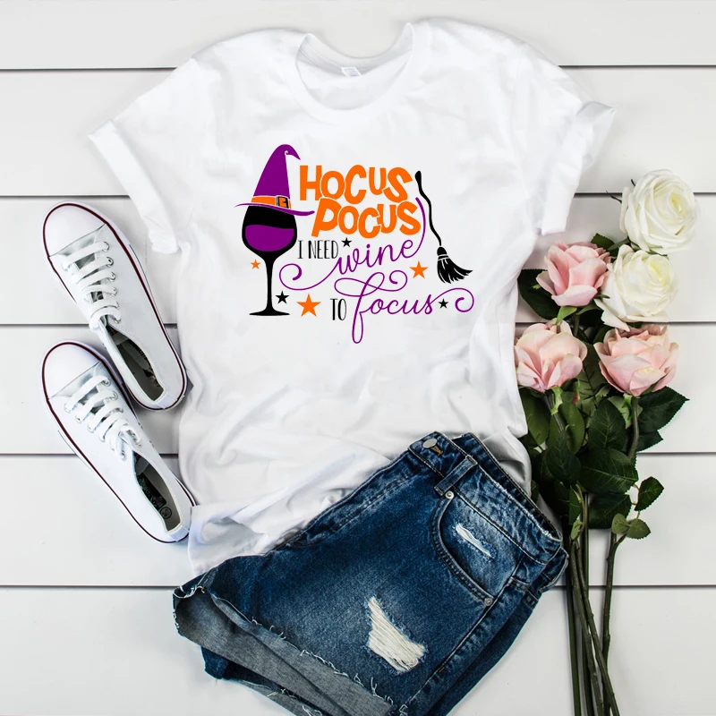 

Women Womens Hocus Pocus Need Wine To Focus Witch Fall Autumn T Halloween Top Graphic Tee Shirt Ladies Tshirt Female T-shirt