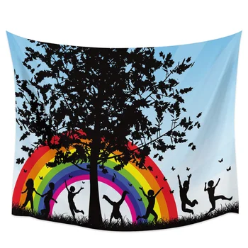 

Modern Wall Tapestry Children Playing Rainbow Big Tree Pattern Tapestry Wall Hanging Dormitory Living Room Bedroom Decoration