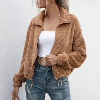 

S-4XL Plus Size Faux Fur Bear Jacket Autumn Winter Soft Zipper Bomber Jacket Oversized Fluffy Long Sleeve Coats Outerwear