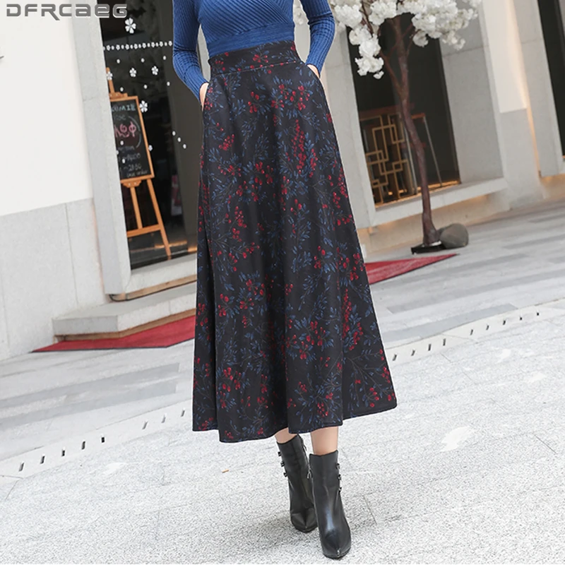 

New 2019 Retro Winter Print Women Skirt Vintage Elastic High Waist Jupe Femme Big Swing Long Maxi Skirt Wool Velvet Falda Larga