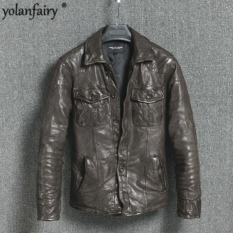 Vintage Genuine Leather Jacket Men Cow Leather Jacket Korean Motorcycle Slim Mens Leather Jacket Jaqueta De Couro 5680-1 YY999 western sheepskin coat