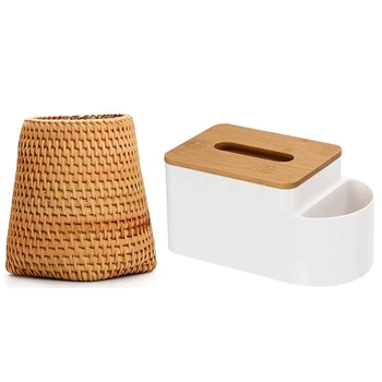 

1Pcs Handmade Autumn Rattan Weaving Storage Box & 1Pcs Bamboo Cover Facial Tissue Box Cover and Storage Caddy