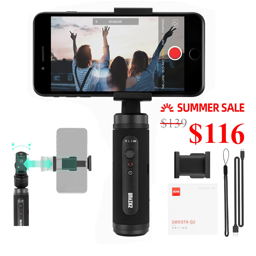 3 осевой Ручной Стабилизатор Zhiyun Smooth Q2 для смартфона iPhone 11 Pro Xs X 8 Plus Android Samsung