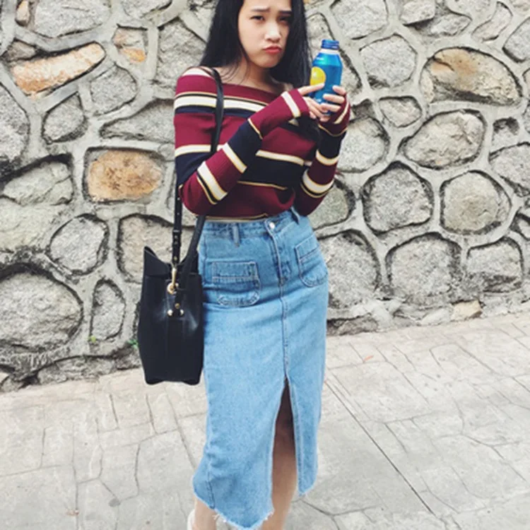 Denim Skirts European Style Jean Streetwear Blue Female Skirts