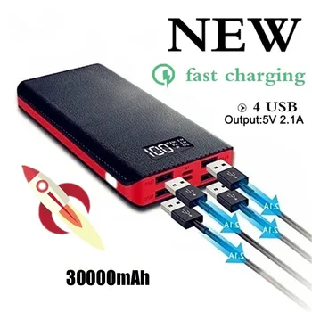 

Hot Sale 30000mAh Power Bank 4 USB Output Port Dual Input Port Digital Display Portable Charger Cell Phone Accessories