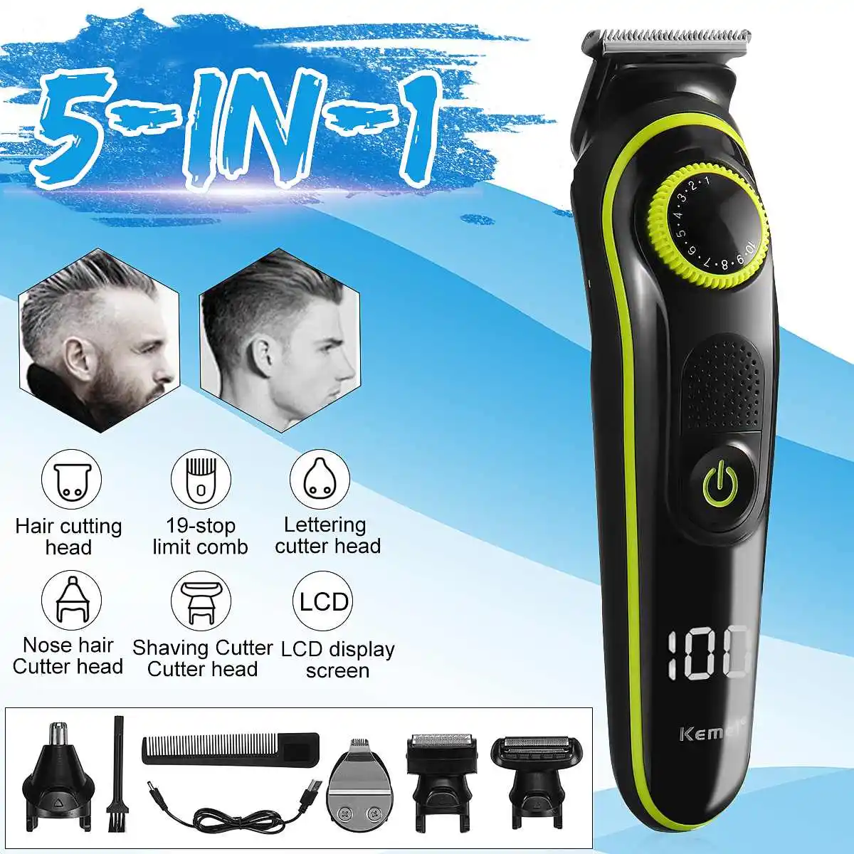 Aparador de Cabelo Elétrico do Agregado 5 em 1 Familiar Clippers Multifuncional Recarregável Barbeador Display Led Cabeças Cortador Km-696 Usb