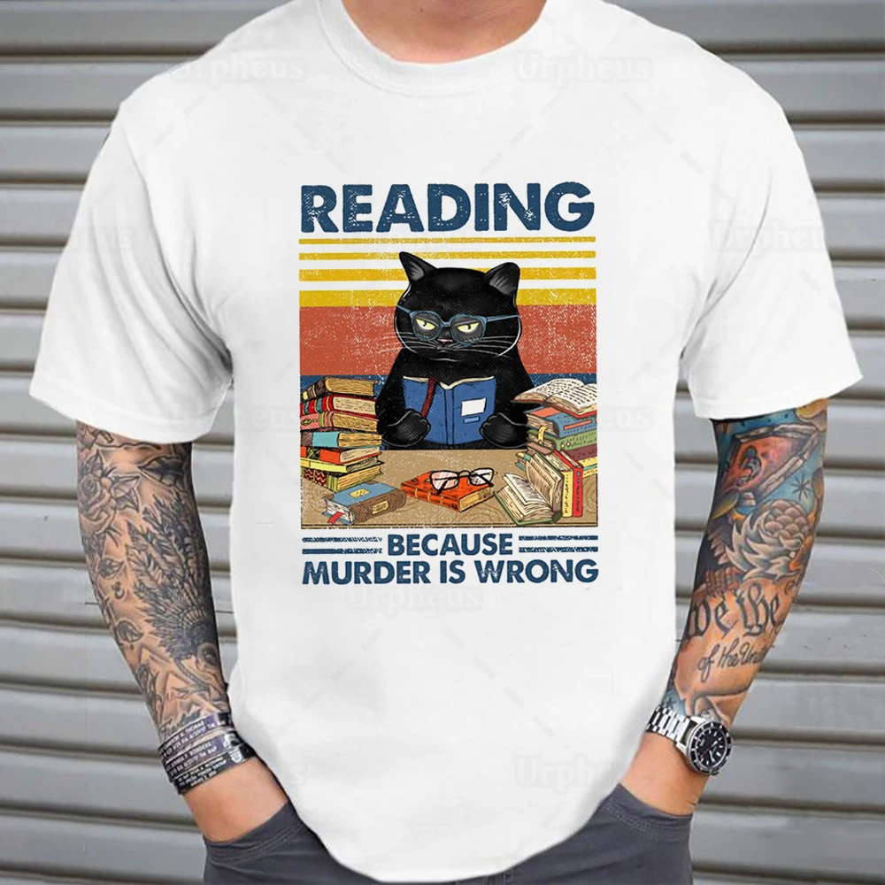 Vintage Style Black Cat T Shirt Reading Because Murder Is Wrong Funny Book Lovers Graphic Cotton Tees