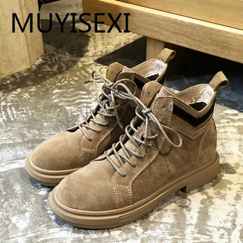 

Retro casual boots black european punk british school lace-up 3cm low heels flat platform real suede leather AM05 MUYISEXI