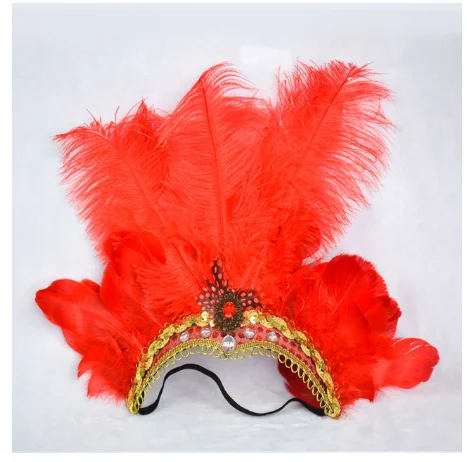 Women Halloween Indian Peacock Feather Headband Festival Headdress Showgirl Garland Headpiece Carnival Hair Accessories - Цвет: Красный