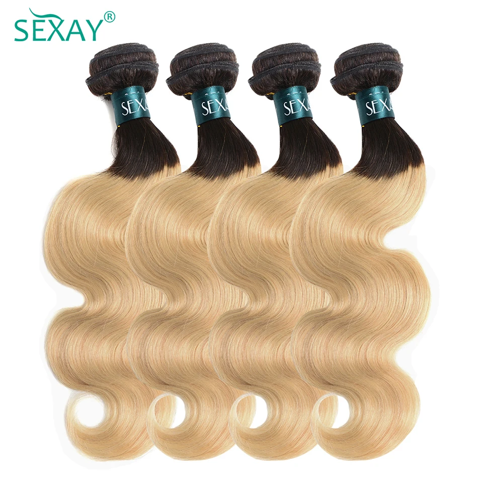 Sexay Bleach Blonde Ombre Human Hair 3 Bundles One Pack Dark Roots