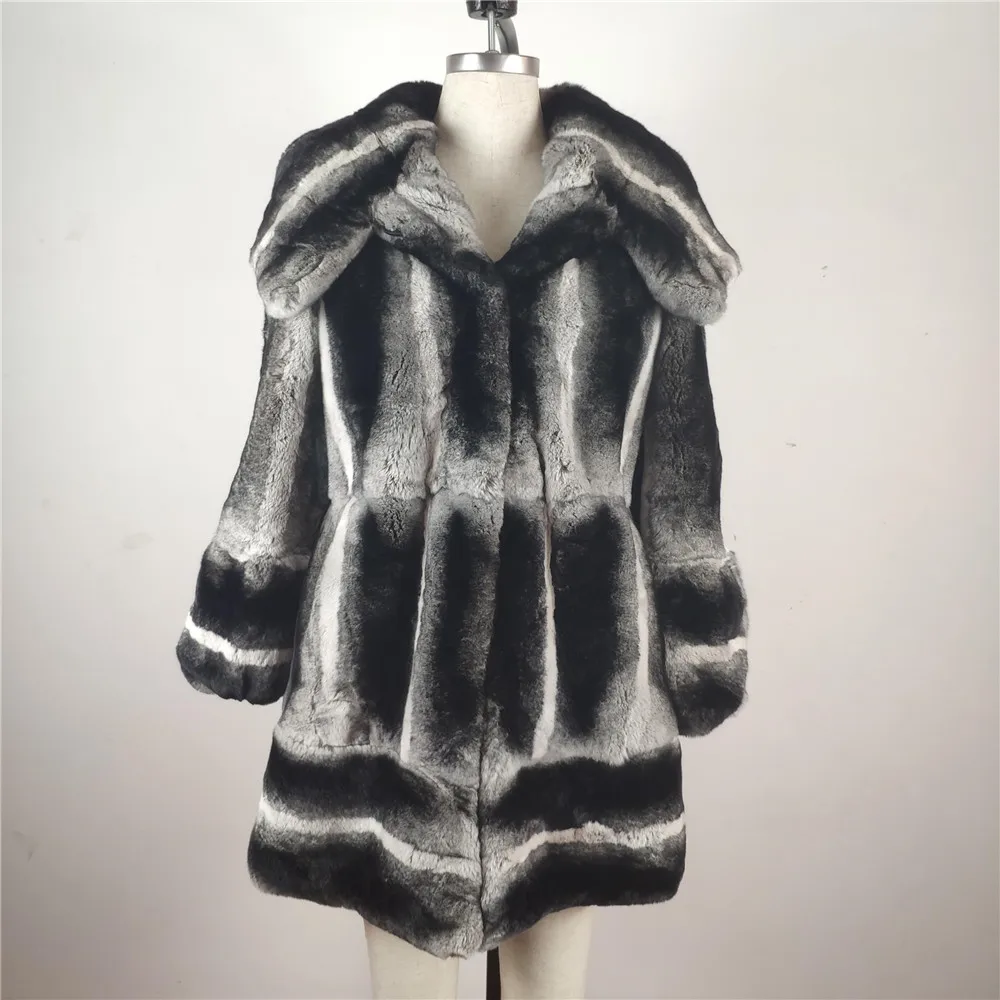 Cheap New Women Real Chinchilla Rex Rabbit Fur Coat From Natural With Big Turn-down Collar Skin Rex Rabbit Fur Jacket Genuine RB-067 22