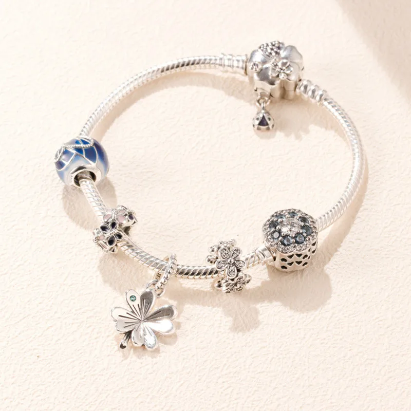 

Original 925 Sterling Silver Bead Charm Lucky Four-leaf Clover Set Beads Women pan Bracelet Bangle Diy Jewelry