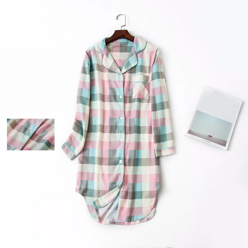 Pink Green Plaid Женская хлопковая клетчатая мягкая ночная рубашка с сердечками и животным принтом, женская модная Осенняя ночная рубашка, Женская рождественская ночная рубашка - Цвет: Pink Green Plaid