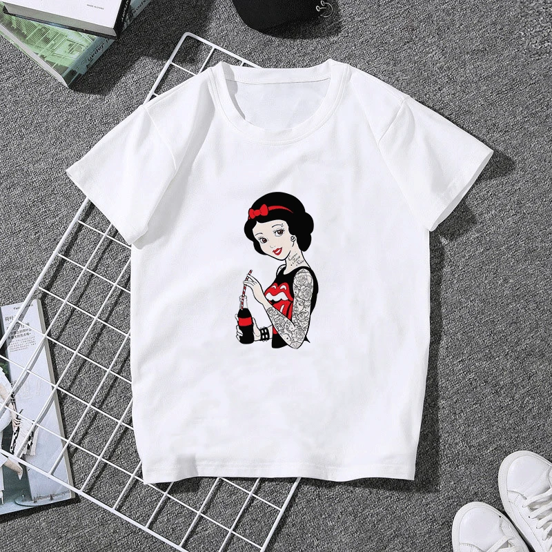 Белоснежка и принцесса Алиса Харадзюку футболка для женщин Kawaii тату печать Mash Up Top панк женские футболки с коротким рукавом Одежда - Цвет: 1954