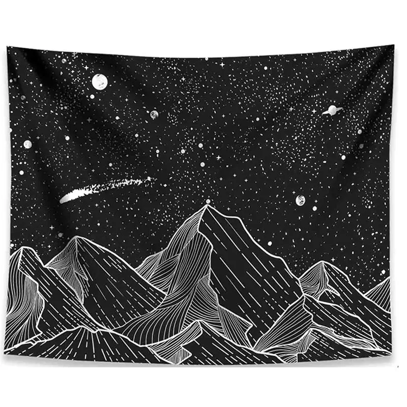 Mountain Moon Tapestry Wall Hanging Stars Black and White Art Tapestry
