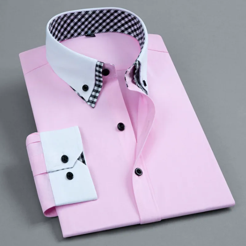 Men Shirt Double Collar Plaid French Cuff  Mens Dress Shirts Social Fashion Slim Business Casual Formal Shirts