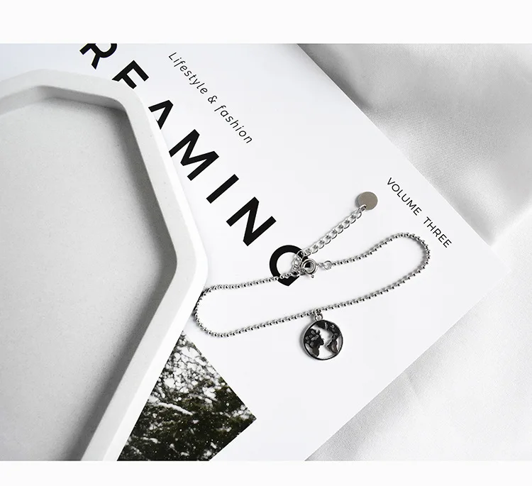 Ruifan Round World Map Bead Chain 925 Sterling Silver Bracelets for Women Girls Korean INS Fashion Jewelry Accesories YBR164