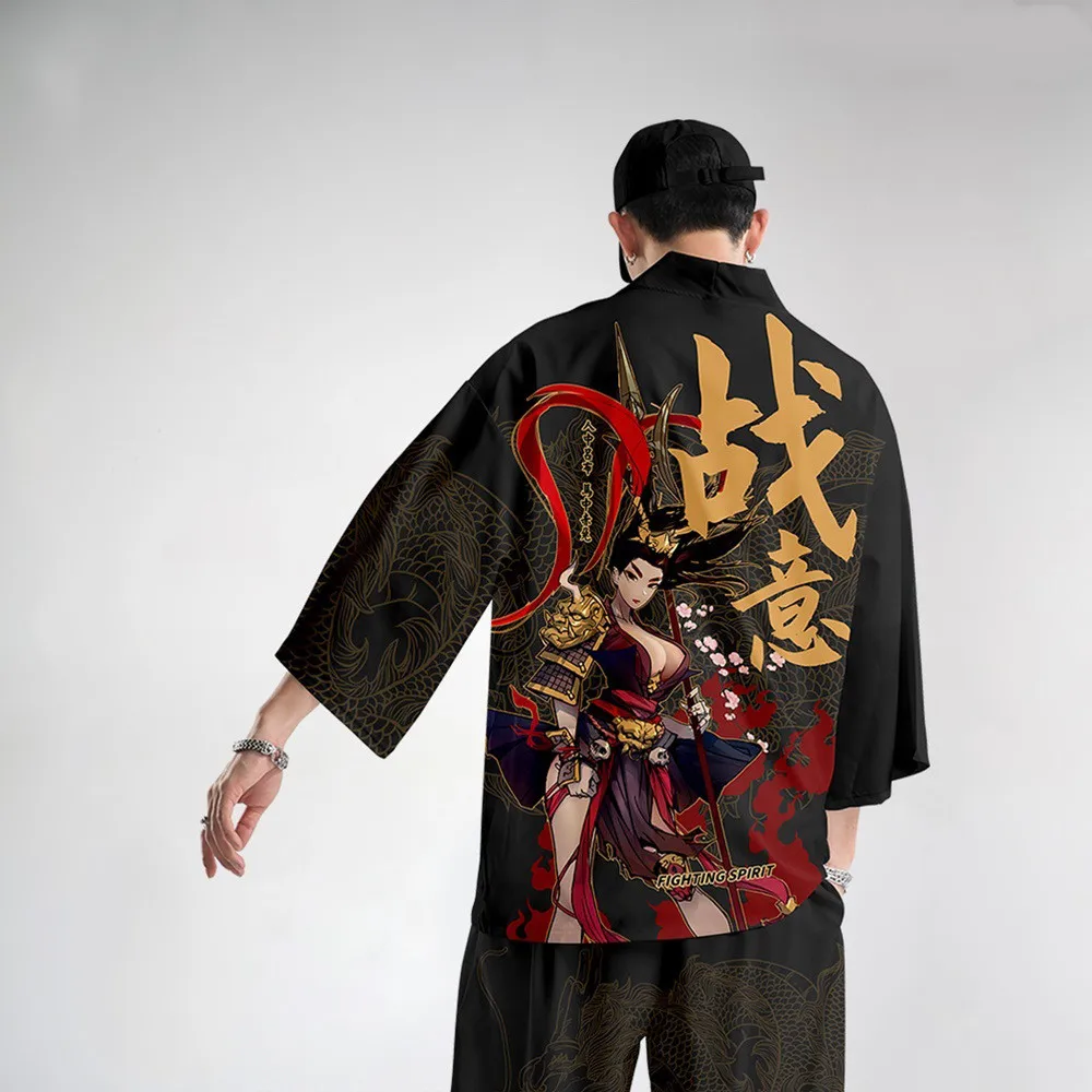 Japanese Style Vintage Kimono Haori Pants Set Men Traditional Harajuku Streetwear Samurai Cardigan Costume Yukata