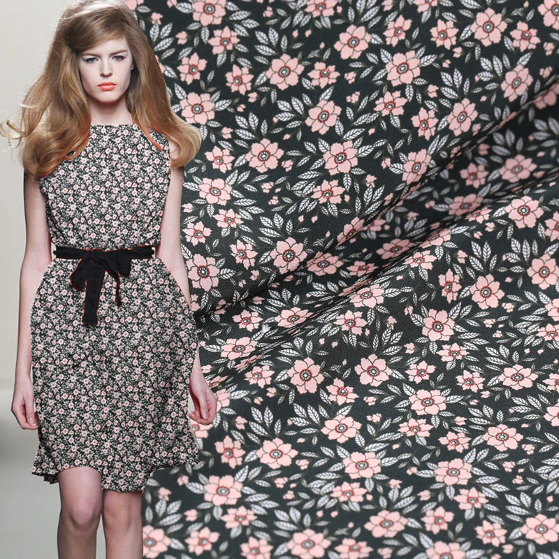 Чистый натуральный шелк тканевый креп De Chine винтажный цветочный тип с зеленым низом