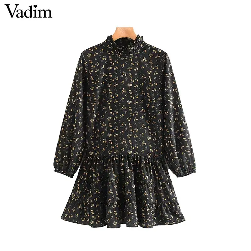 

Vadim women retro floral pattern mini dress straight style long sleeve pleated vintage female casual fashion dresses QD067