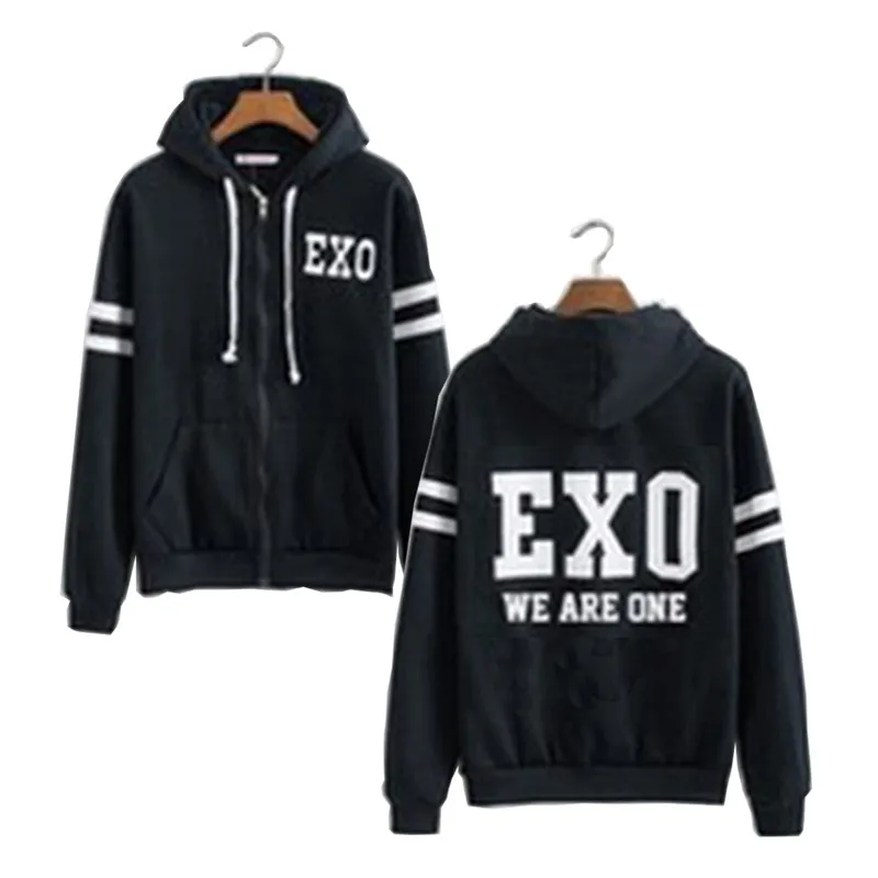 Kpop Черный EXO LAY KAI Same толстовка на молнии CHANYEOL BAEKHYUN унисекс флис осень зима длинный рукав пальто Верхняя одежда Топы - Цвет: EXO
