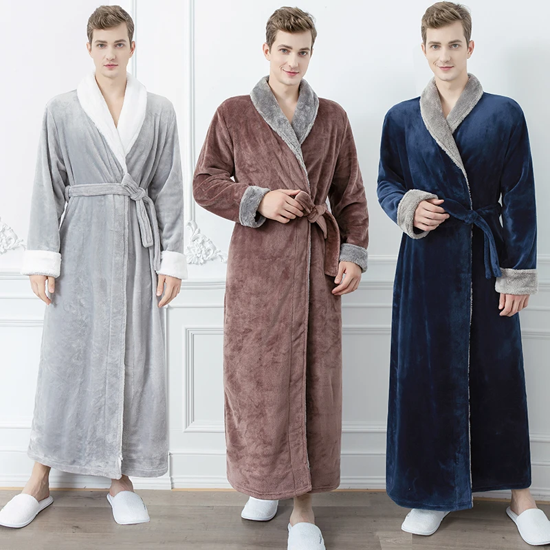 Men Plus Size Extra Long Warm Flannel Fur Bathrobe Mens Winter Sleepwear Male Hooded Zipper Bath Robe Women Coral Dressing Gown men's loungewear sets