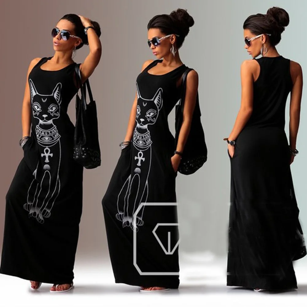 

2019 New Women Summer Long Maxi Dress Casual Cat Print Boho Beach Dresses Black Sexy Evening Party Bodycon Dress Vestidos Ladies