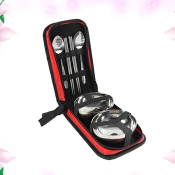 

7PCS/Set Stainless Steel Tableware Travel Outdoor Picnic Portable Double-Layer Thermal Insulation Tableware Set(Random Color)