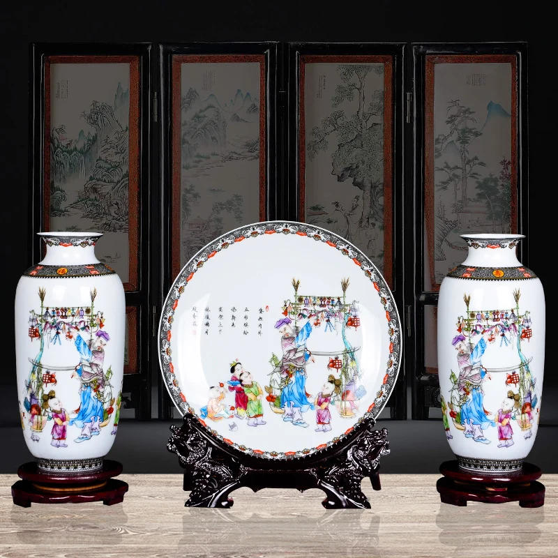 vase and plate set Цзиндэчжэнь керамическая ваза пастельных тонов пейзажи, Цветочная композиция, сухие цветы, украшение гостиной, китайский ТВ шкаф - Цвет: vase and plate set
