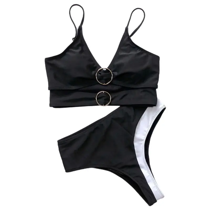 

Women Sexy Bikini Set Hollow Waist V-Neck O-Rings Bra Color Block Thong Swimsuit 2020 Fashion