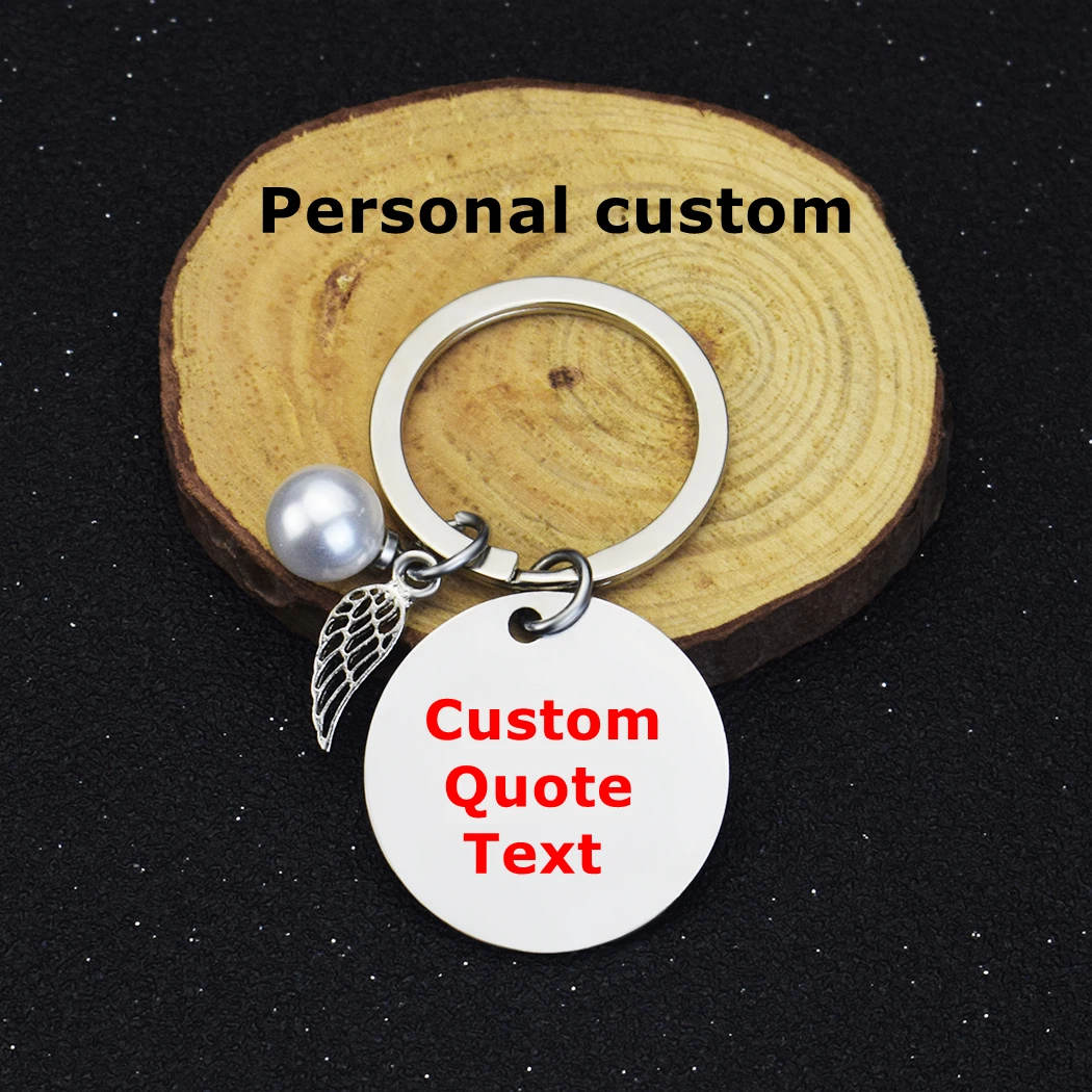 

Custom Quote Text Keychain Stainless Steel Keyring Personalized Pearl Wings Lettering Keychain Commemorative Gift for Friends