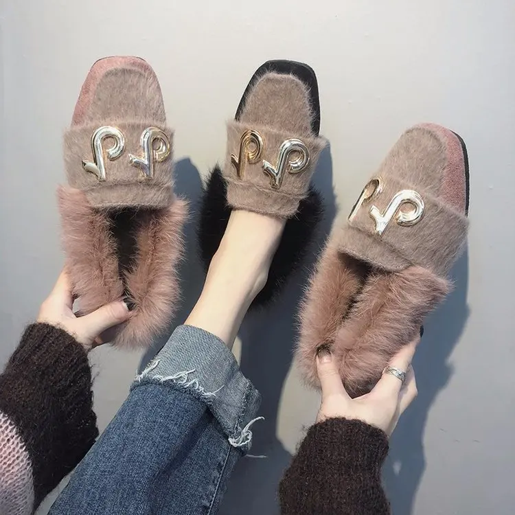 

Square Toe Fashion Furry Loafers for Women Flock Metal Decoration Plush Warm Loafer Shoes Solid Casual Slip on Flats Shoes