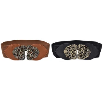 

2x Women's Retro Flower Elastic Stretch Buckle Wide Waist Belt Waistband (Black&Light Tan)