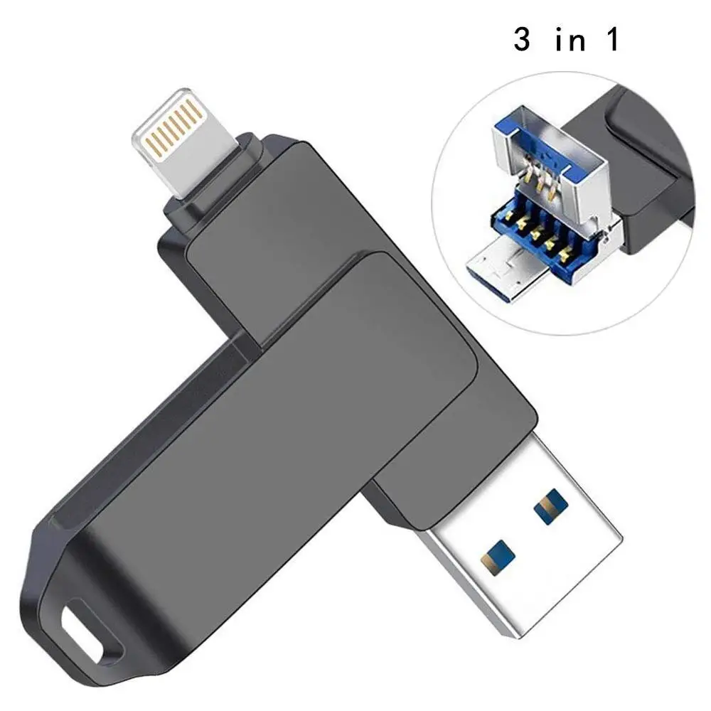 64GB Usb Flash Drive USB 3.0 for iPhone 3 in 1 USB 3.0 Lightning Micro Metal Data Storage USB Thumb Drive 3.0 Jump Drives Memory - Цвет: Черный