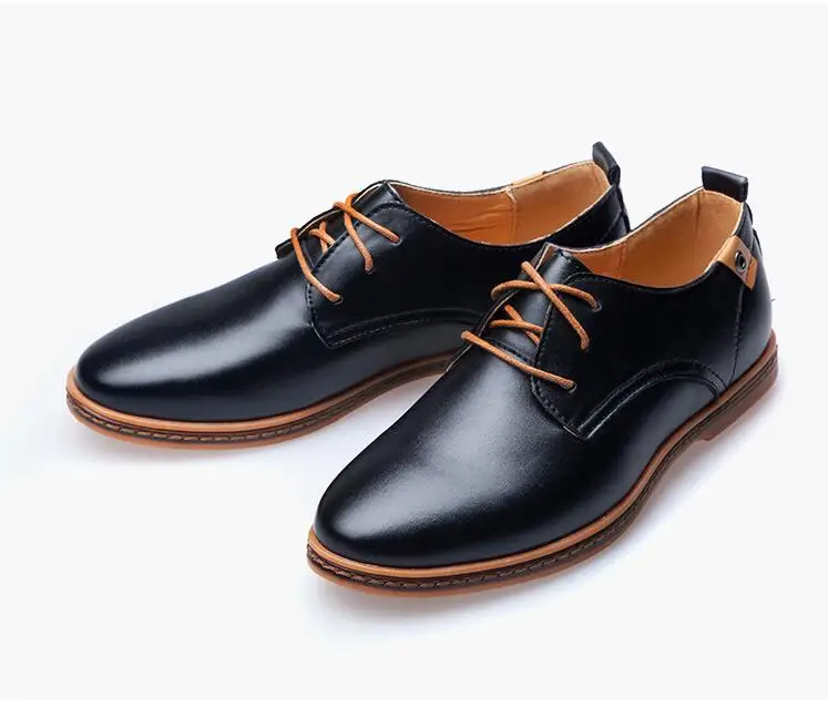 Большие размеры 38-48, Мужская обувь из PU искусственной кожи повседневная обувь на шнуровке мужская обувь на плоской подошве коричневого, черного, синего цвета - Цвет: Черный