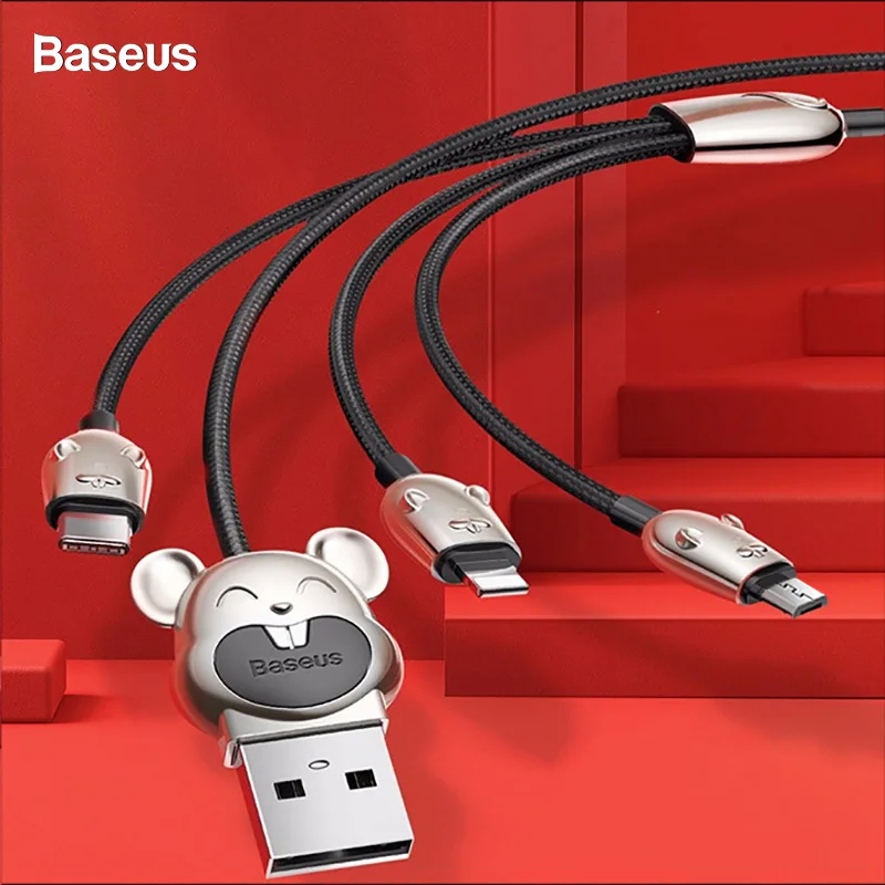 Baseus 3 в 1 USB кабель для iPhone 11 Pro Max Xs X Xr type C Micro USB кабель для мобильного телефона освещение Зарядное устройство usb type-c кабель
