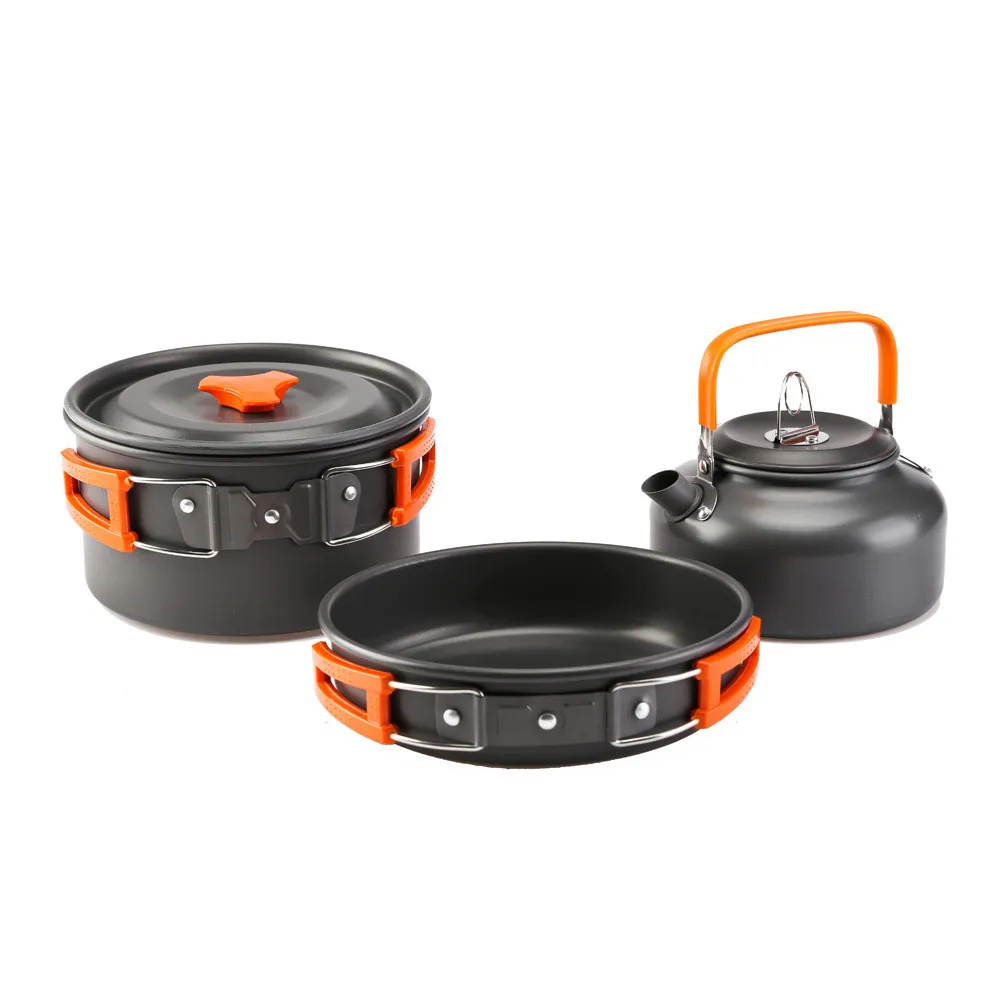 

2-3 People Ultra-light Portable Camping Cookware Utensils Outdoor Cooking Teapot Picnic Tableware Kettle Pot Frying Pan 3pcs/Set