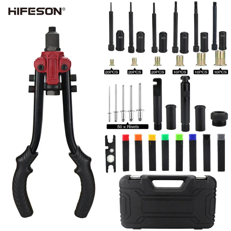HIFESON 619 Three-in-one Multi-function Manual Ram Gun Rivet Nut Gun Rivet Reaming 90PCS M3-M10 Nuts 50PCS Rivets Set