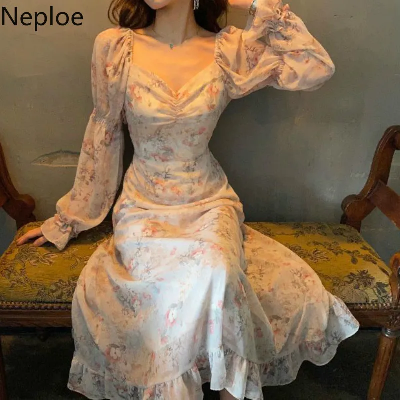 Женское платье с цветочным принтом Neploe, Элегантное летнее платье с v образным вырезом и пышными рукавами, модель 2020, 1B110|Платья|   | АлиЭкспресс