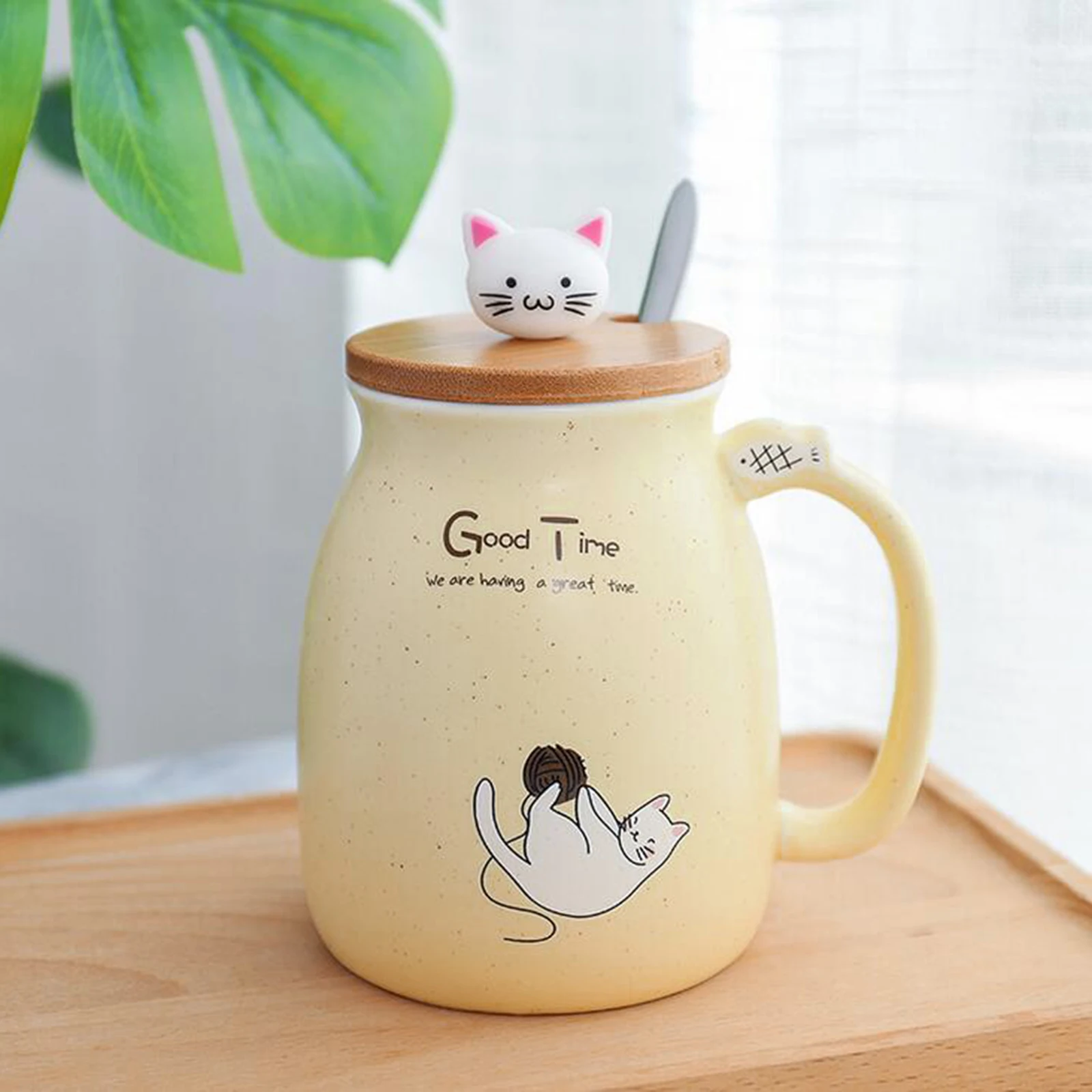 Cute Cat Ceramic Cup Hot Cold Tea Cup Milk Coffee Mug with Spoon Lid Pink