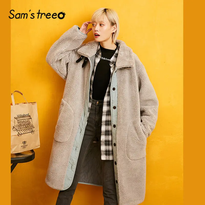 SAM'S TREE/серое однотонное лоскутное прямое флисовое Стеганое теплое пальто для женщин зимняя Свободная Женская верхняя одежда со стоячим воротником