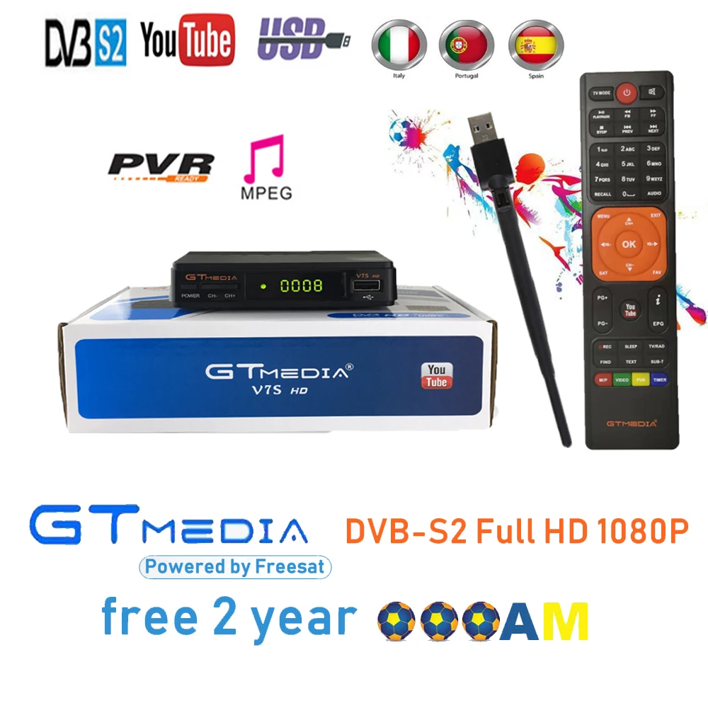 

Gtmedia V7S DVB-S2 Satellite tv receiver Freesat v7 Support PowerVu,DRE Biss key Spain Europe Cline For 1 Year spain CCCAM