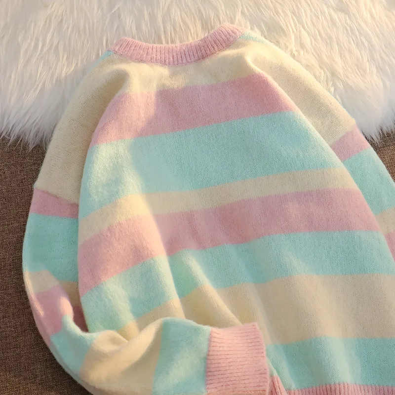 Женский полосатый пуловер с круглым вырезом и длинными рукавами | Женская одежда